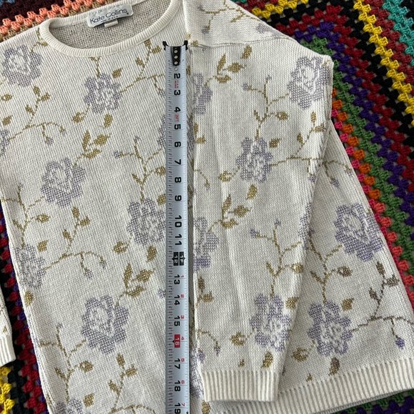 Vintage 80s Kate Collins Floral Metallic Pattern Wide Crewneck Knit Swea… - Picture 9 of 10